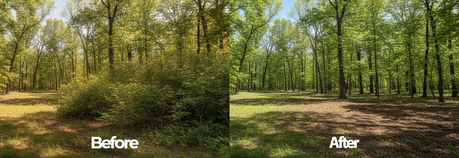 Side by side comparison of woodland before forestry mulching with dense brush versus after mulching with clean forest floor and preserved canopy trees